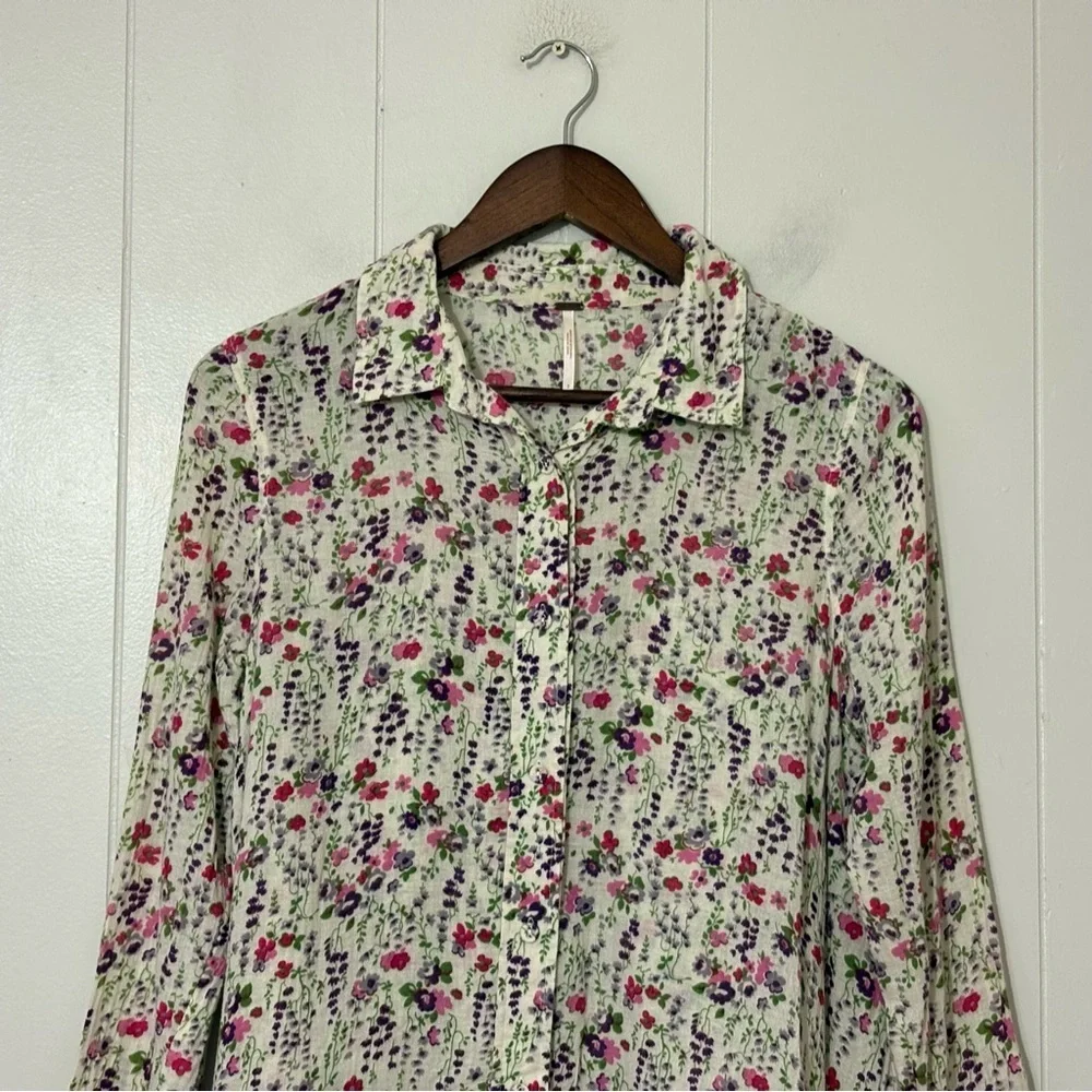 Free People Floral Button Down Blouse 2 Boho Cottagecore Long Sleeve Cotton